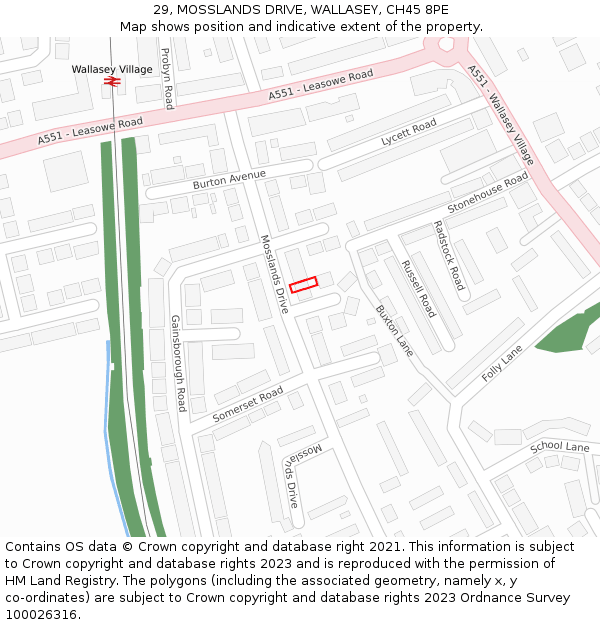 29, MOSSLANDS DRIVE, WALLASEY, CH45 8PE: Location map and indicative extent of plot
