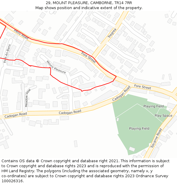 29, MOUNT PLEASURE, CAMBORNE, TR14 7RR: Location map and indicative extent of plot