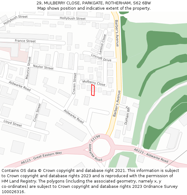 29, MULBERRY CLOSE, PARKGATE, ROTHERHAM, S62 6BW: Location map and indicative extent of plot