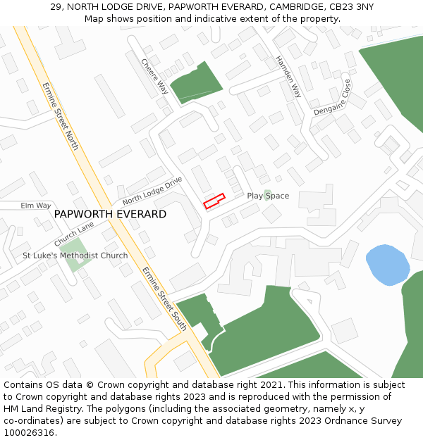 29, NORTH LODGE DRIVE, PAPWORTH EVERARD, CAMBRIDGE, CB23 3NY: Location map and indicative extent of plot