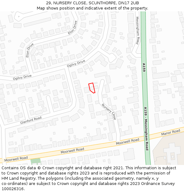 29, NURSERY CLOSE, SCUNTHORPE, DN17 2UB: Location map and indicative extent of plot