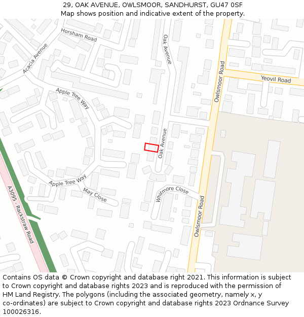 29, OAK AVENUE, OWLSMOOR, SANDHURST, GU47 0SF: Location map and indicative extent of plot
