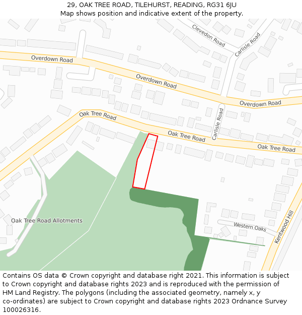 29, OAK TREE ROAD, TILEHURST, READING, RG31 6JU: Location map and indicative extent of plot