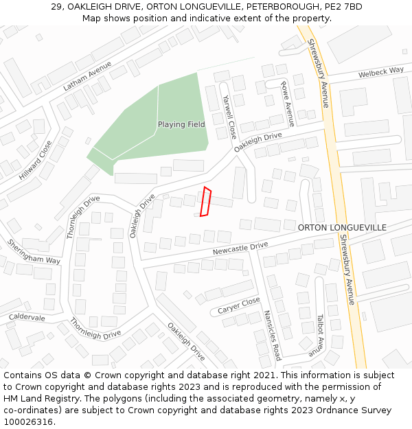 29, OAKLEIGH DRIVE, ORTON LONGUEVILLE, PETERBOROUGH, PE2 7BD: Location map and indicative extent of plot