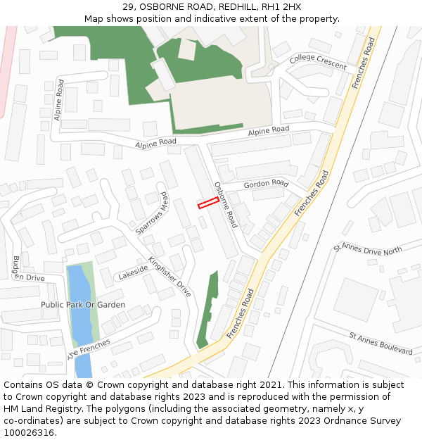 29, OSBORNE ROAD, REDHILL, RH1 2HX: Location map and indicative extent of plot