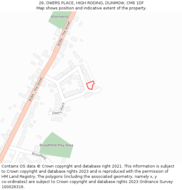 29, OWERS PLACE, HIGH RODING, DUNMOW, CM6 1DF: Location map and indicative extent of plot