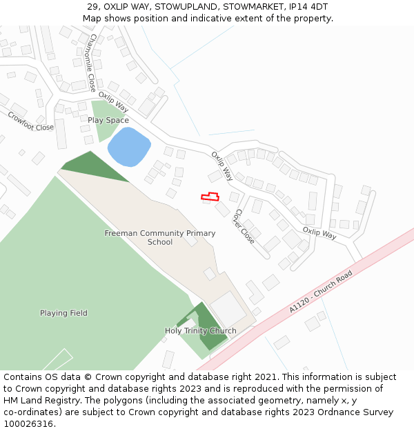 29, OXLIP WAY, STOWUPLAND, STOWMARKET, IP14 4DT: Location map and indicative extent of plot
