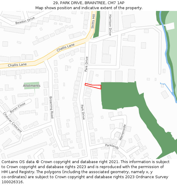 29, PARK DRIVE, BRAINTREE, CM7 1AP: Location map and indicative extent of plot
