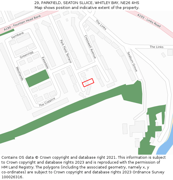 29, PARKFIELD, SEATON SLUICE, WHITLEY BAY, NE26 4HS: Location map and indicative extent of plot