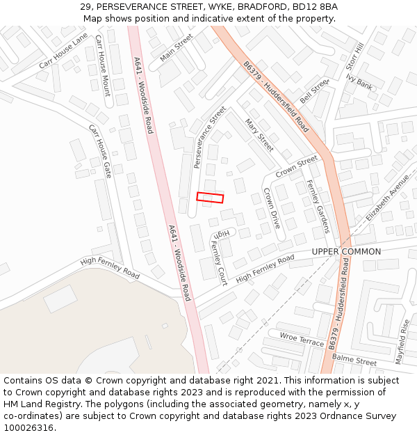 29, PERSEVERANCE STREET, WYKE, BRADFORD, BD12 8BA: Location map and indicative extent of plot