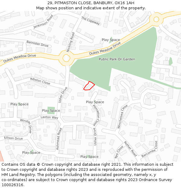 29, PITMASTON CLOSE, BANBURY, OX16 1AH: Location map and indicative extent of plot