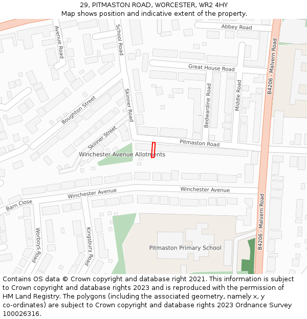29, PITMASTON ROAD, WORCESTER, WR2 4HY: Location map and indicative extent of plot