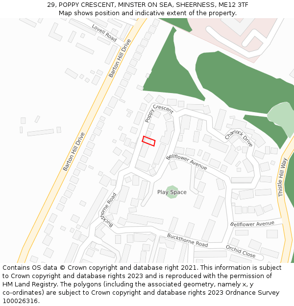 29, POPPY CRESCENT, MINSTER ON SEA, SHEERNESS, ME12 3TF: Location map and indicative extent of plot