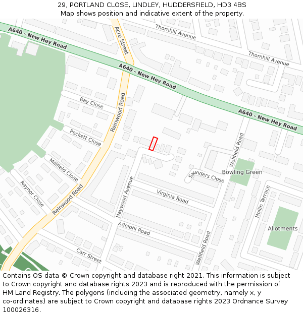 29, PORTLAND CLOSE, LINDLEY, HUDDERSFIELD, HD3 4BS: Location map and indicative extent of plot
