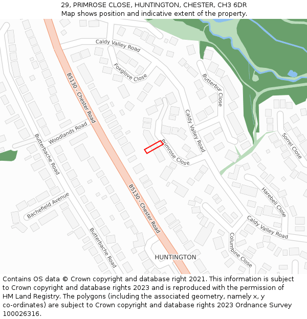 29, PRIMROSE CLOSE, HUNTINGTON, CHESTER, CH3 6DR: Location map and indicative extent of plot