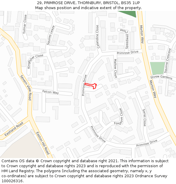 29, PRIMROSE DRIVE, THORNBURY, BRISTOL, BS35 1UP: Location map and indicative extent of plot