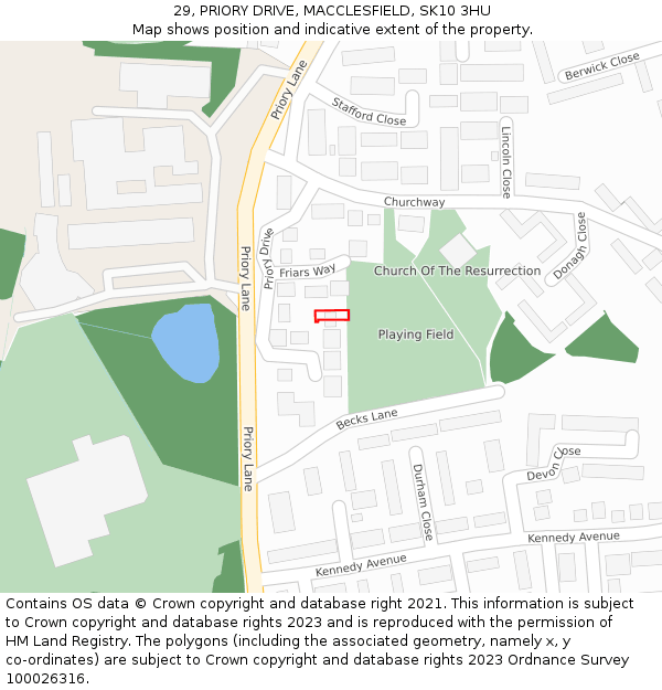 29, PRIORY DRIVE, MACCLESFIELD, SK10 3HU: Location map and indicative extent of plot