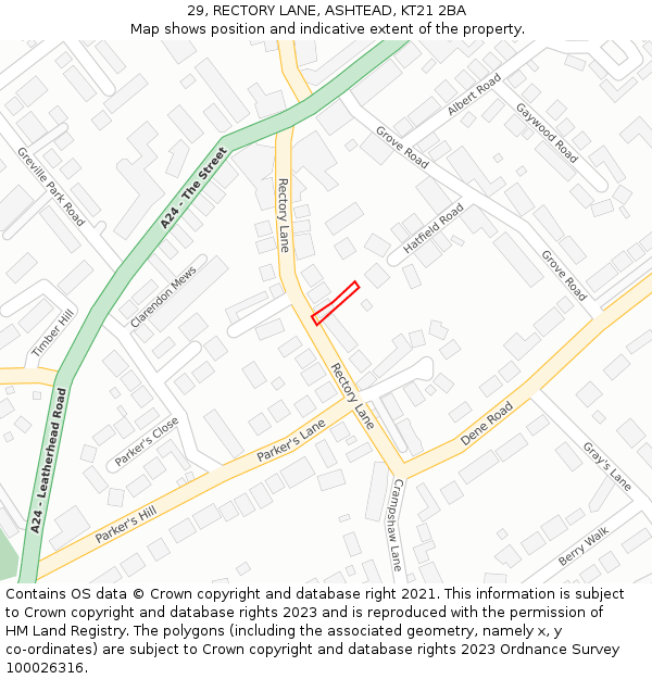 29, RECTORY LANE, ASHTEAD, KT21 2BA: Location map and indicative extent of plot