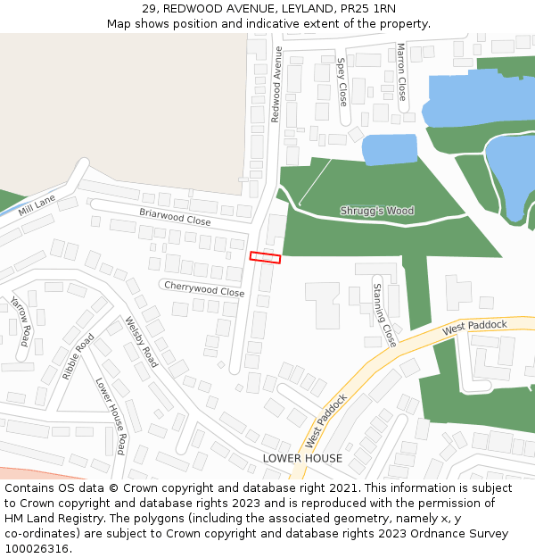 29, REDWOOD AVENUE, LEYLAND, PR25 1RN: Location map and indicative extent of plot