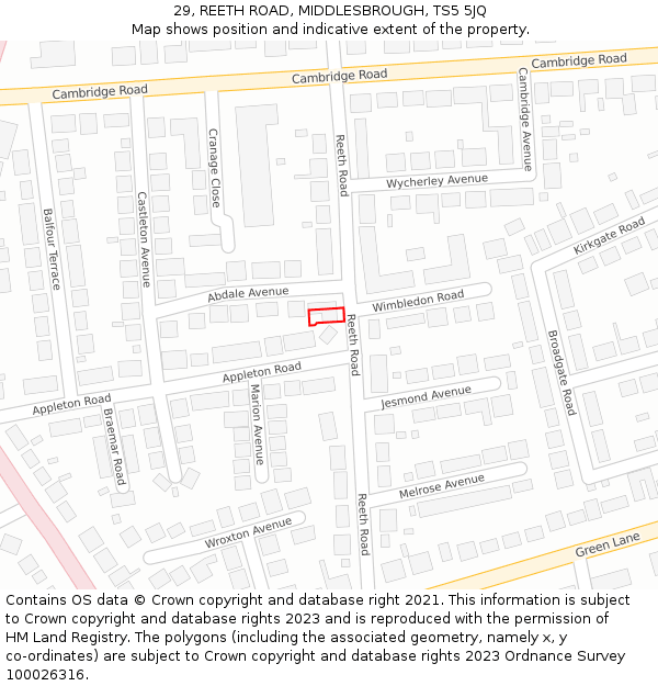 29, REETH ROAD, MIDDLESBROUGH, TS5 5JQ: Location map and indicative extent of plot