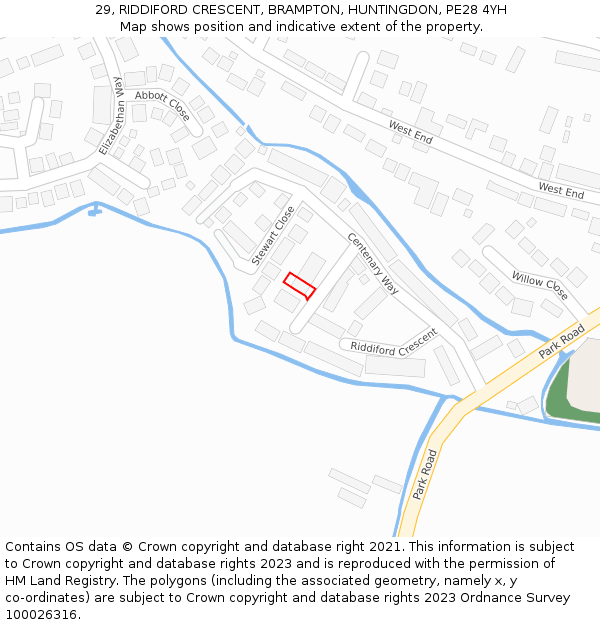 29, RIDDIFORD CRESCENT, BRAMPTON, HUNTINGDON, PE28 4YH: Location map and indicative extent of plot
