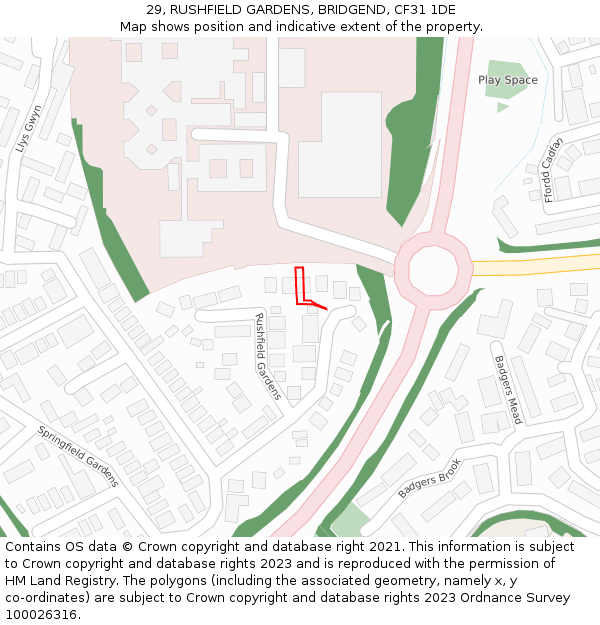 29, RUSHFIELD GARDENS, BRIDGEND, CF31 1DE: Location map and indicative extent of plot