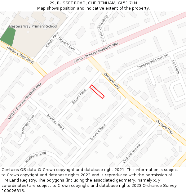 29, RUSSET ROAD, CHELTENHAM, GL51 7LN: Location map and indicative extent of plot