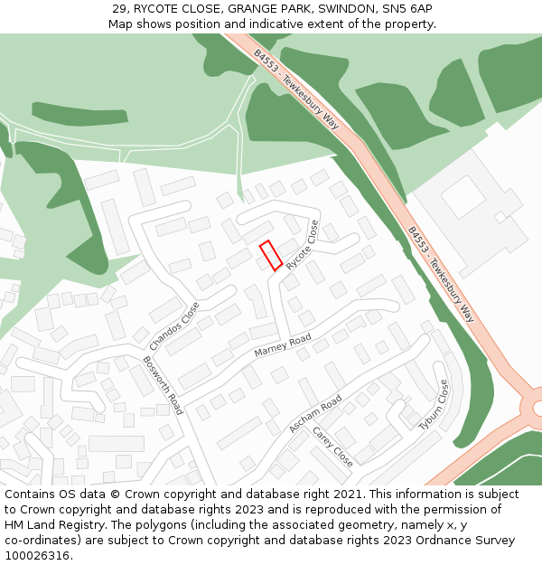 29, RYCOTE CLOSE, GRANGE PARK, SWINDON, SN5 6AP: Location map and indicative extent of plot