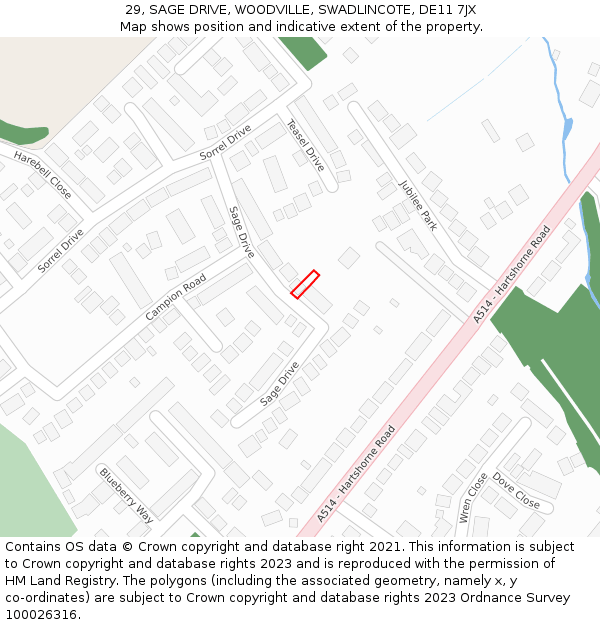 29, SAGE DRIVE, WOODVILLE, SWADLINCOTE, DE11 7JX: Location map and indicative extent of plot