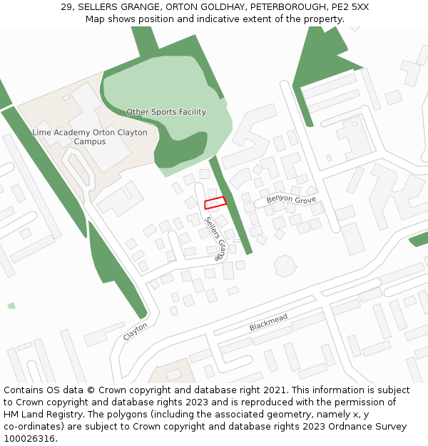 29, SELLERS GRANGE, ORTON GOLDHAY, PETERBOROUGH, PE2 5XX: Location map and indicative extent of plot