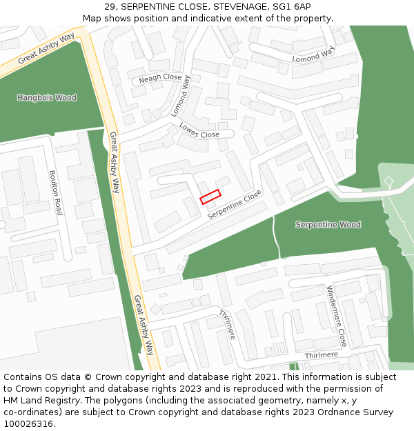 29, SERPENTINE CLOSE, STEVENAGE, SG1 6AP: Location map and indicative extent of plot