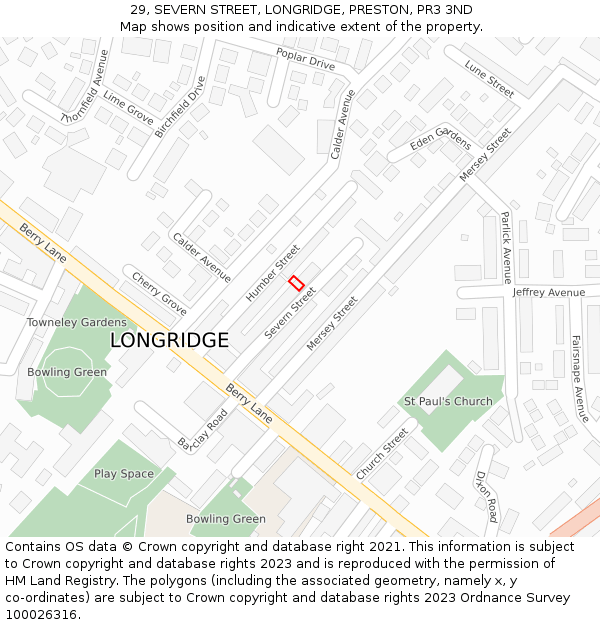 29, SEVERN STREET, LONGRIDGE, PRESTON, PR3 3ND: Location map and indicative extent of plot