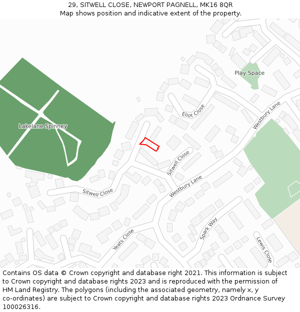 29, SITWELL CLOSE, NEWPORT PAGNELL, MK16 8QR: Location map and indicative extent of plot