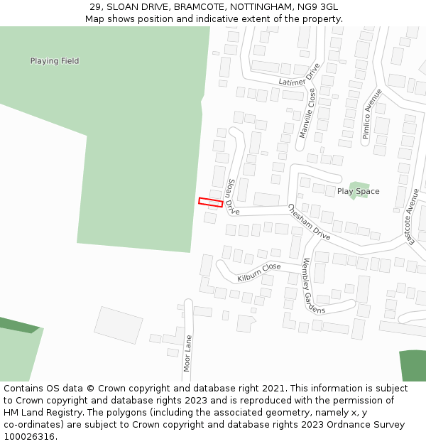 29, SLOAN DRIVE, BRAMCOTE, NOTTINGHAM, NG9 3GL: Location map and indicative extent of plot