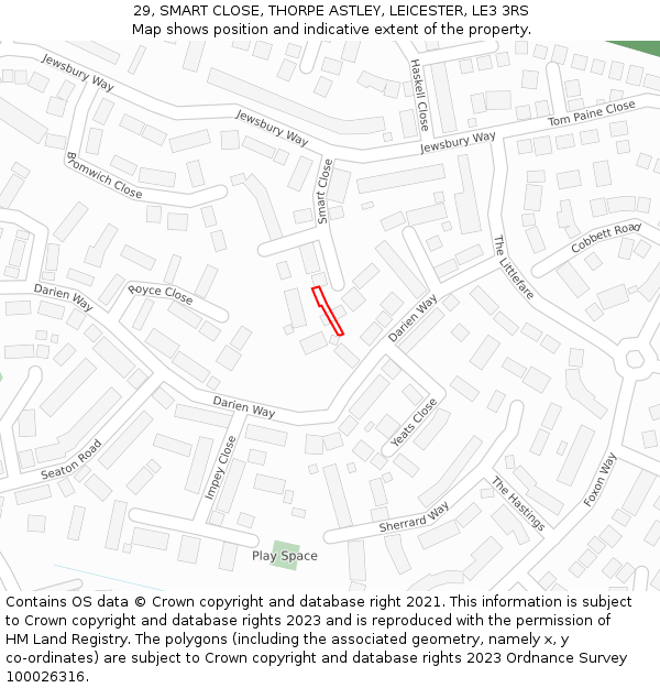 29, SMART CLOSE, THORPE ASTLEY, LEICESTER, LE3 3RS: Location map and indicative extent of plot