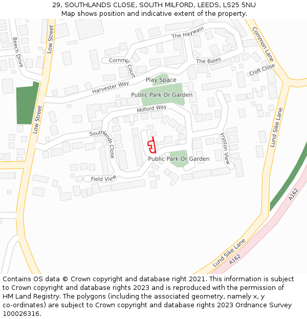 29, SOUTHLANDS CLOSE, SOUTH MILFORD, LEEDS, LS25 5NU: Location map and indicative extent of plot