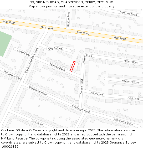 29, SPINNEY ROAD, CHADDESDEN, DERBY, DE21 6HW: Location map and indicative extent of plot