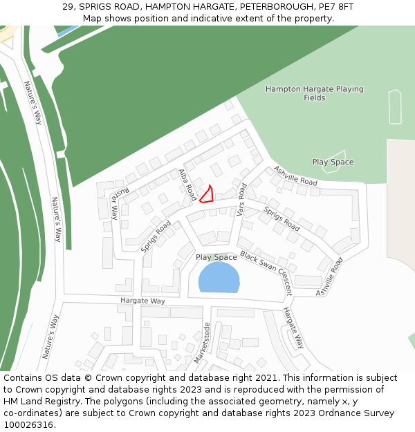 29, SPRIGS ROAD, HAMPTON HARGATE, PETERBOROUGH, PE7 8FT: Location map and indicative extent of plot