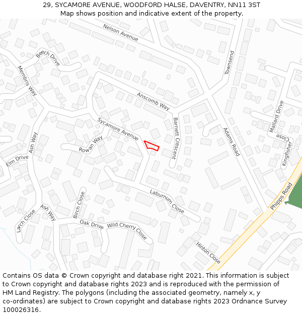 29, SYCAMORE AVENUE, WOODFORD HALSE, DAVENTRY, NN11 3ST: Location map and indicative extent of plot