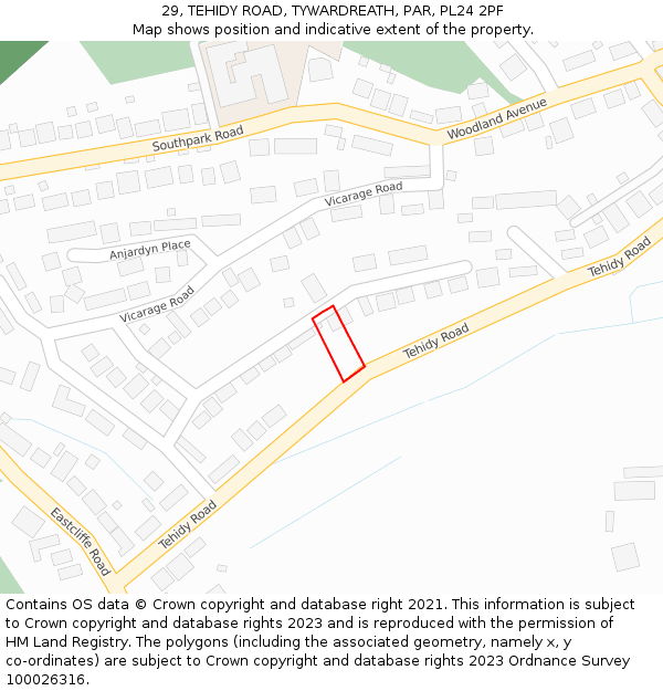 29, TEHIDY ROAD, TYWARDREATH, PAR, PL24 2PF: Location map and indicative extent of plot