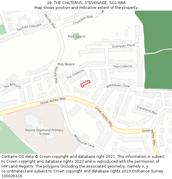 29, THE CHILTERNS, STEVENAGE, SG1 6BA: Location map and indicative extent of plot
