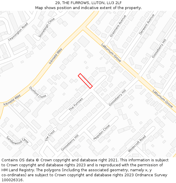 29, THE FURROWS, LUTON, LU3 2LF: Location map and indicative extent of plot