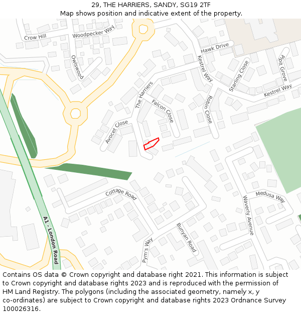 29, THE HARRIERS, SANDY, SG19 2TF: Location map and indicative extent of plot