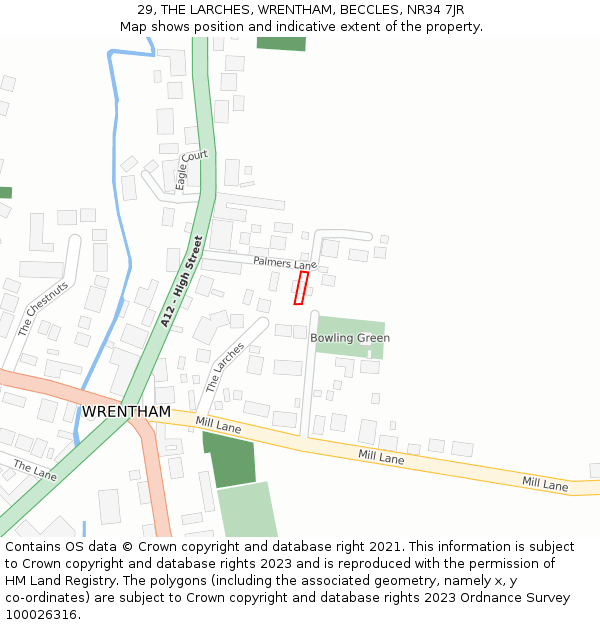 29, THE LARCHES, WRENTHAM, BECCLES, NR34 7JR: Location map and indicative extent of plot