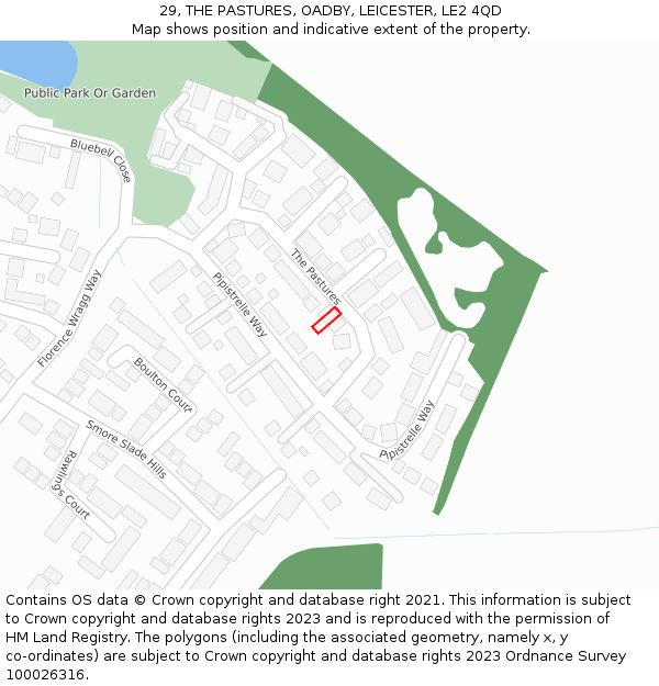 29, THE PASTURES, OADBY, LEICESTER, LE2 4QD: Location map and indicative extent of plot