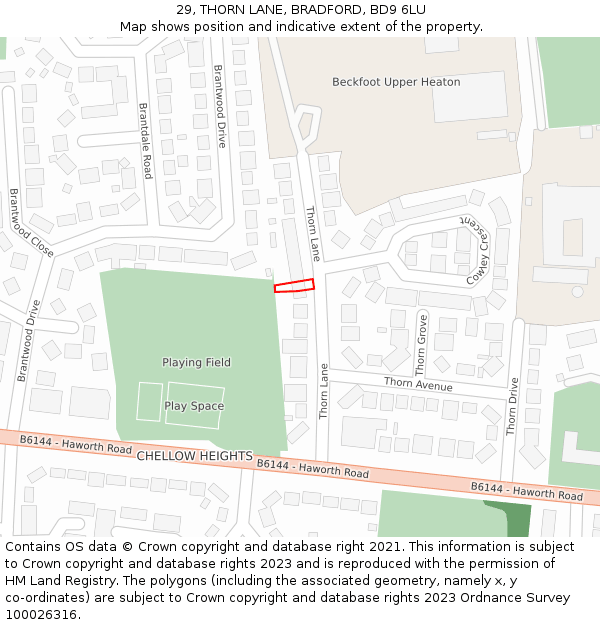 29, THORN LANE, BRADFORD, BD9 6LU: Location map and indicative extent of plot