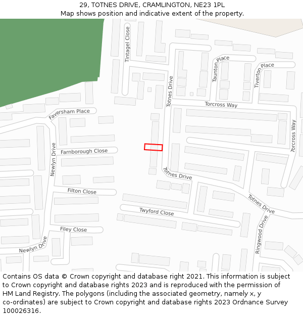29, TOTNES DRIVE, CRAMLINGTON, NE23 1PL: Location map and indicative extent of plot