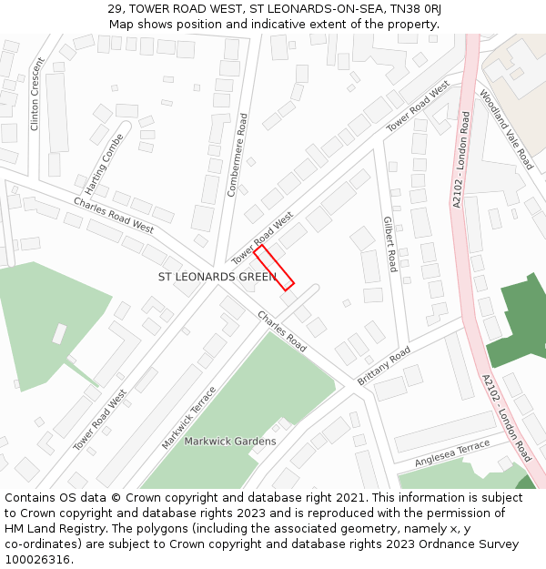 29, TOWER ROAD WEST, ST LEONARDS-ON-SEA, TN38 0RJ: Location map and indicative extent of plot