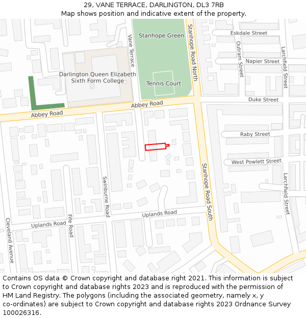 29, VANE TERRACE, DARLINGTON, DL3 7RB: Location map and indicative extent of plot