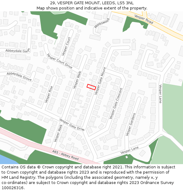 29, VESPER GATE MOUNT, LEEDS, LS5 3NL: Location map and indicative extent of plot